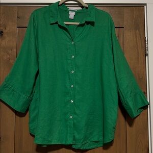 Chicos No Iron 100% Linen Button Down Shirt Womens 3/16 Kelly Green Top Blouse